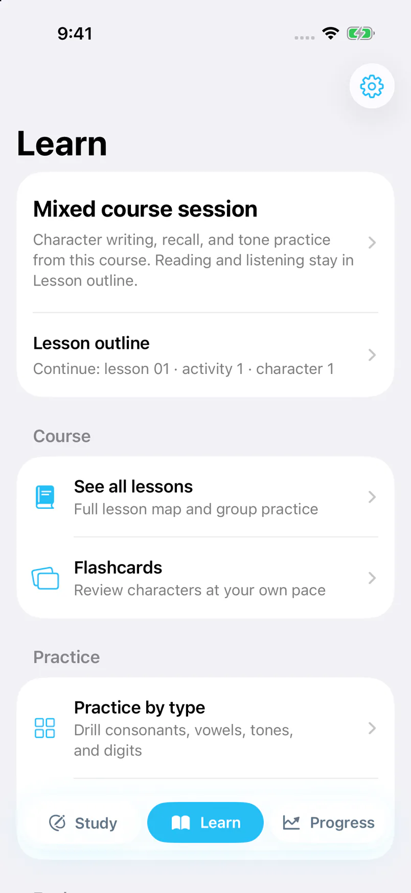 NexaThai Learn screen with the course and lesson choices