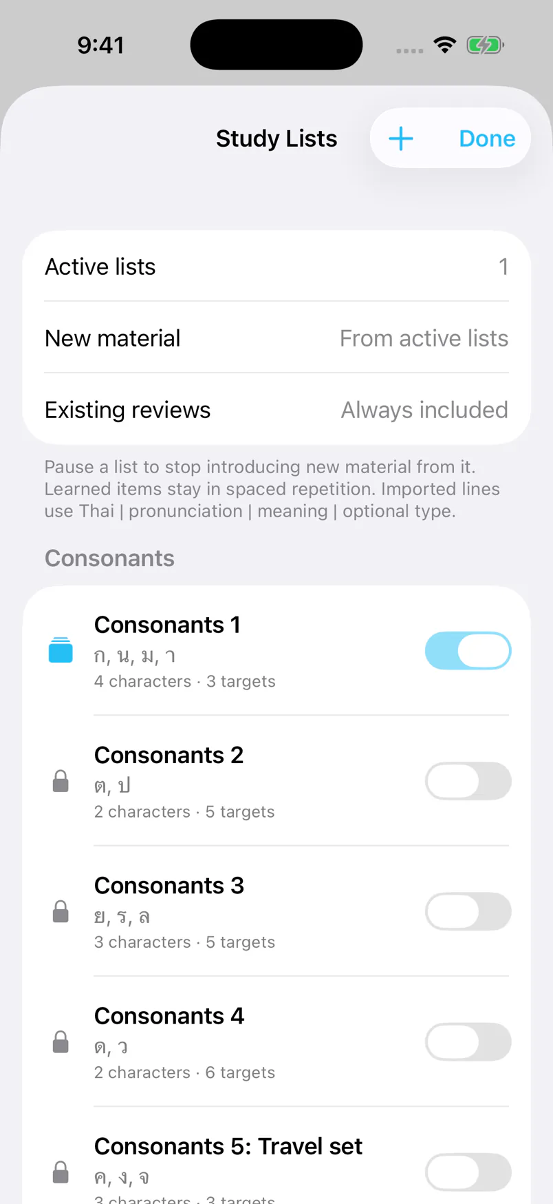 NexaThai Study Lists screen with an active consonant list and upcoming course lists